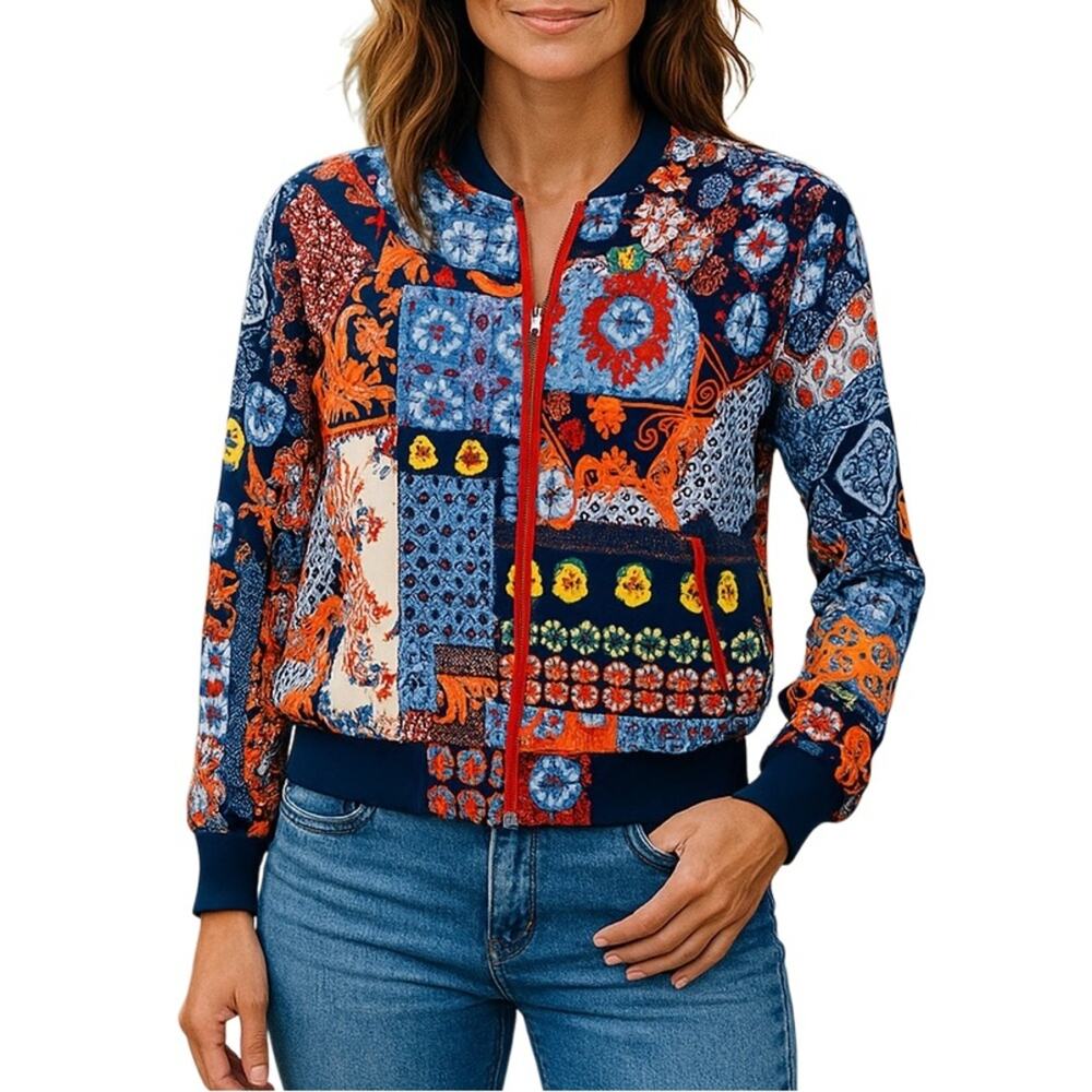NY&C Patchwork Bomber Jacket Cottagecore Quilted Retro Colorful Zip Size Small